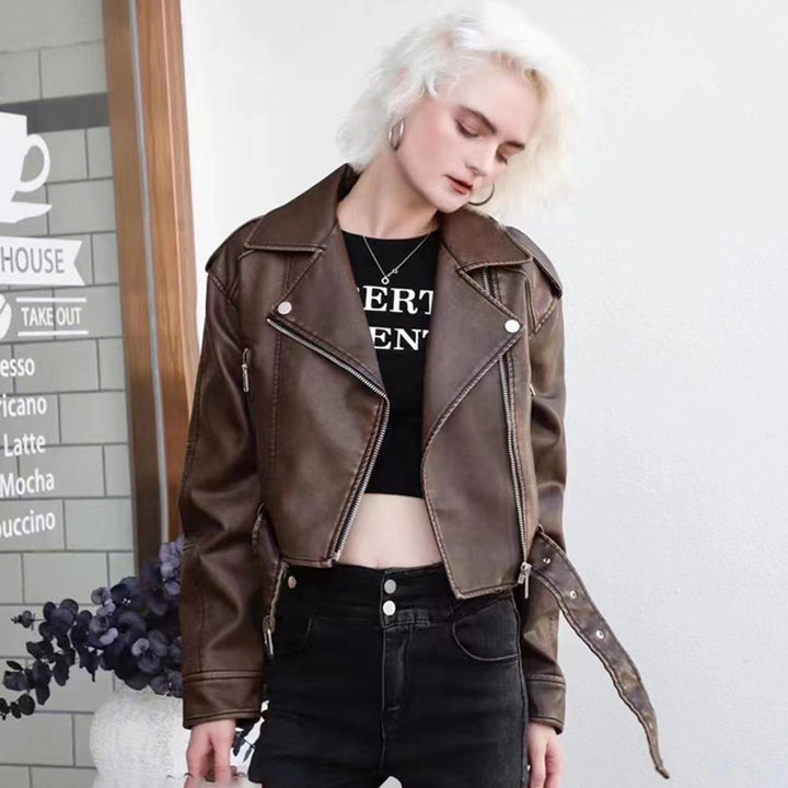 Chaqueta de piel sintética mujer estilo retro Hong Kong, corta, casual, nueva, moto, de piel PU