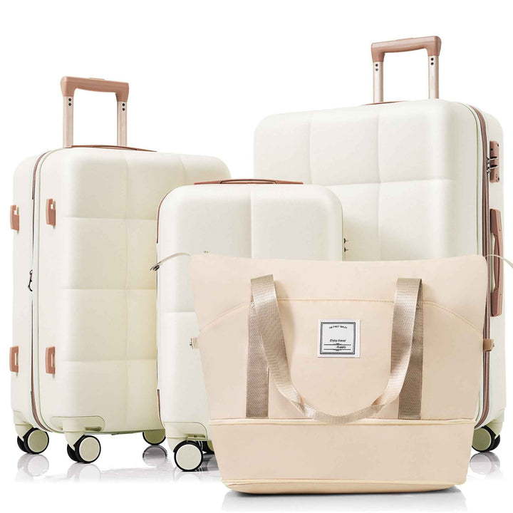 Juego de maletas con puerto USB, Set de 4 piezas de maletas expandibles ABS duraderas con bolso de viaje y soporte para taza, ruedas giratorias, color beige.