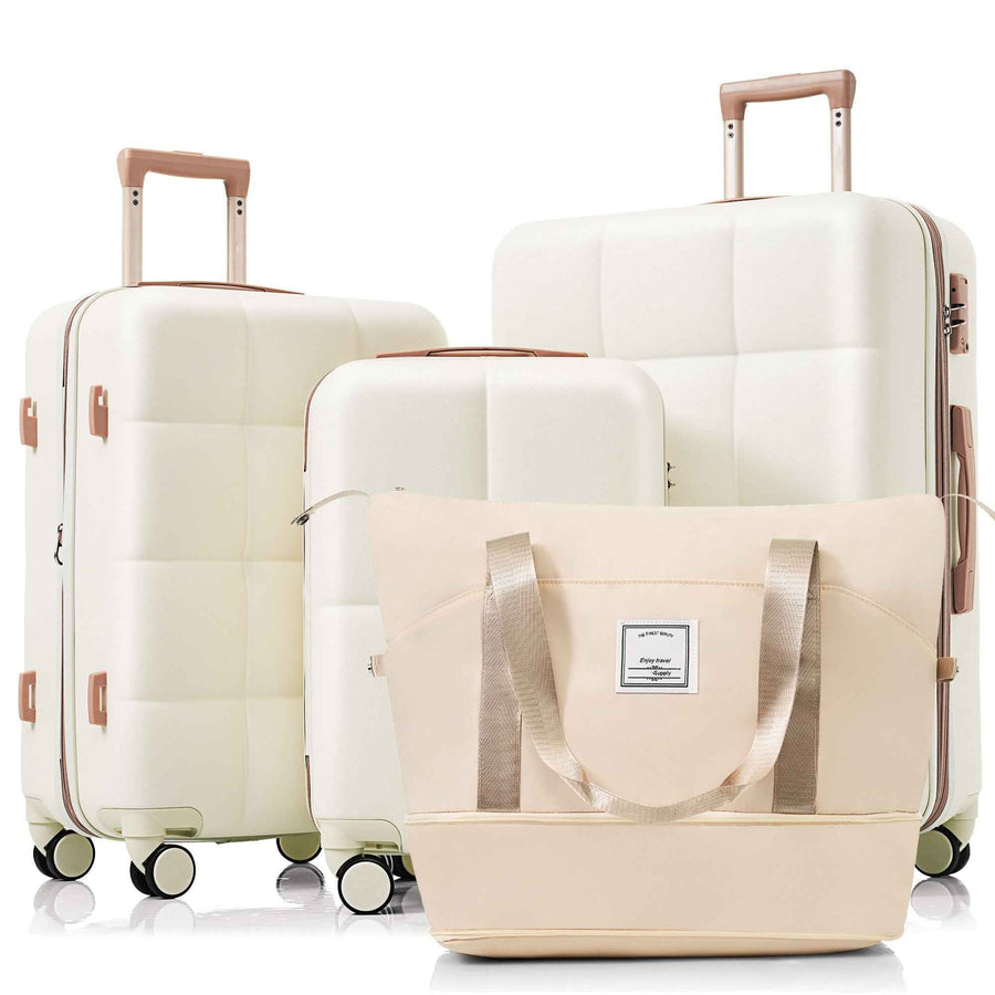 Juego de maletas con puerto USB, Set de 4 piezas de maletas expandibles ABS duraderas con bolso de viaje y soporte para taza, ruedas giratorias, color beige.