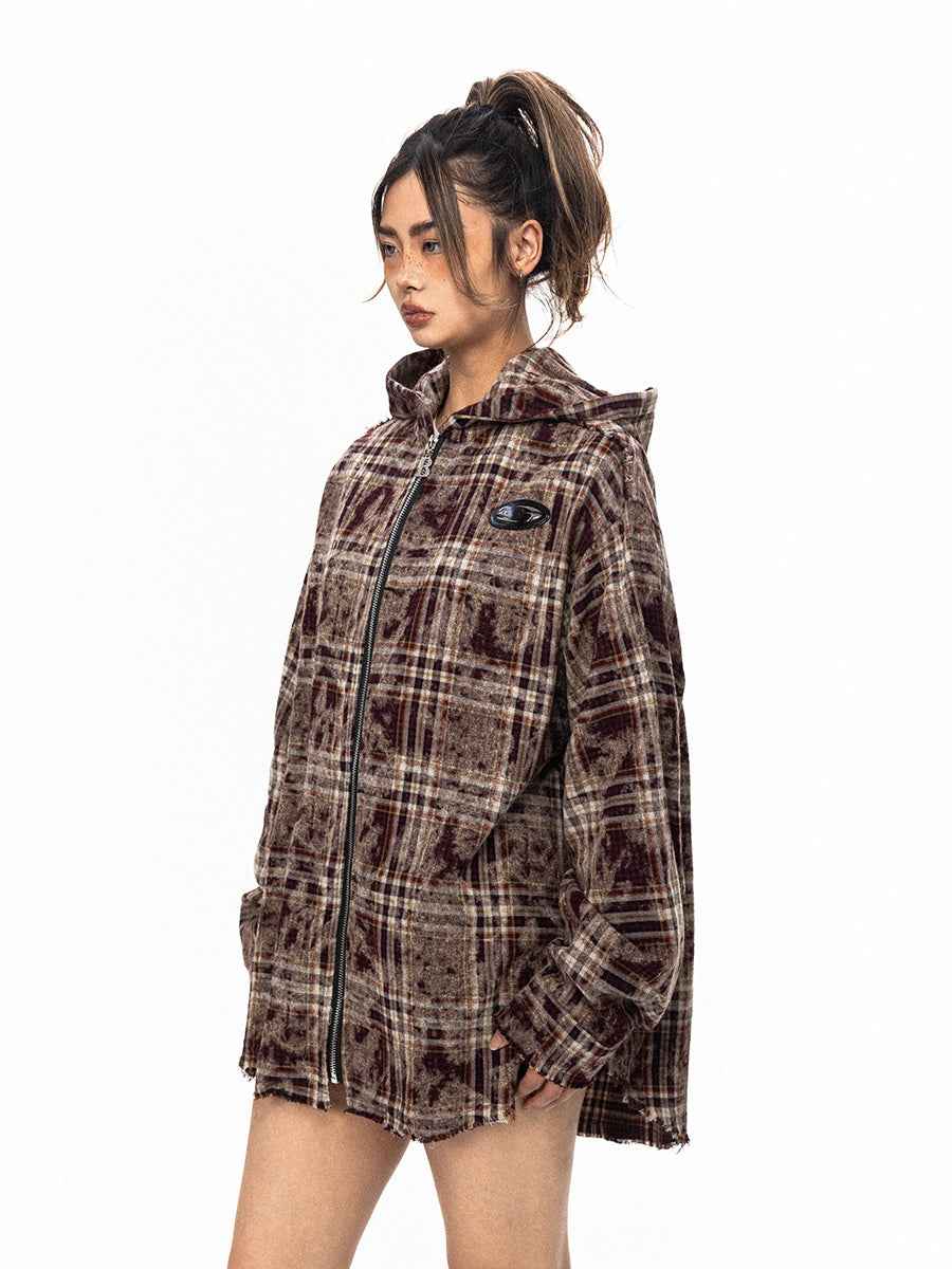 Chaqueta con capucha de cuadros retro con cremallera
