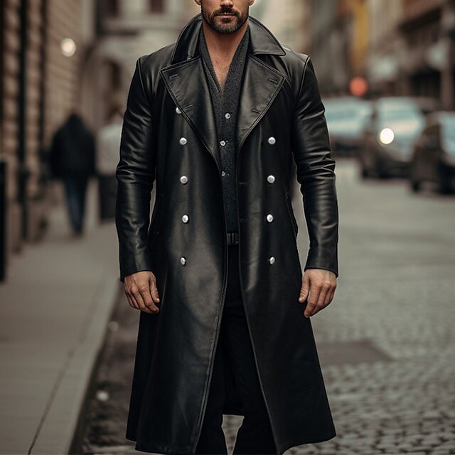 Abrigo largo de cuero para hombre, chaqueta de piel doble faz - The Noble Style